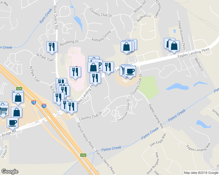 map of restaurants, bars, coffee shops, grocery stores, and more near 212 Village Center Parkway in Stockbridge