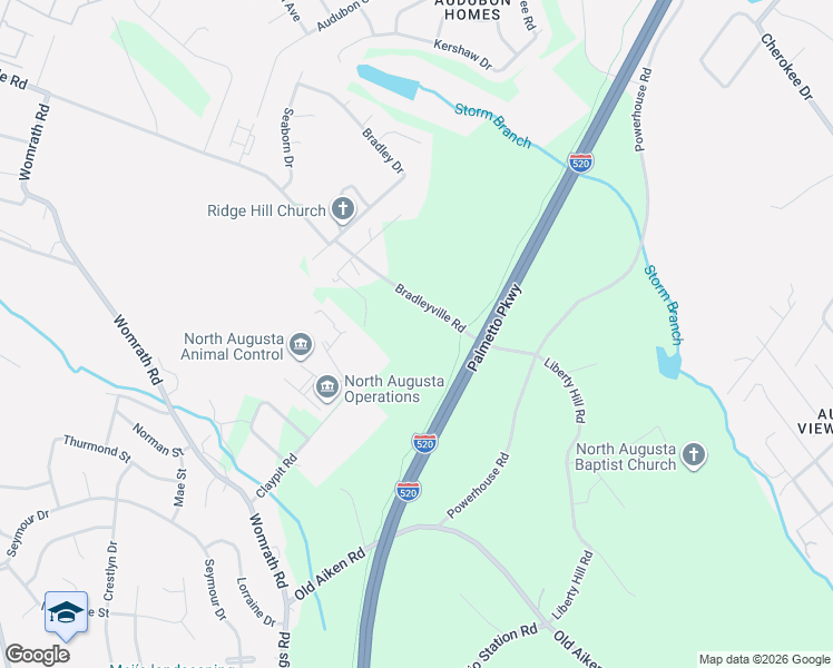 map of restaurants, bars, coffee shops, grocery stores, and more near 540-550 Bradleyville Road in North Augusta