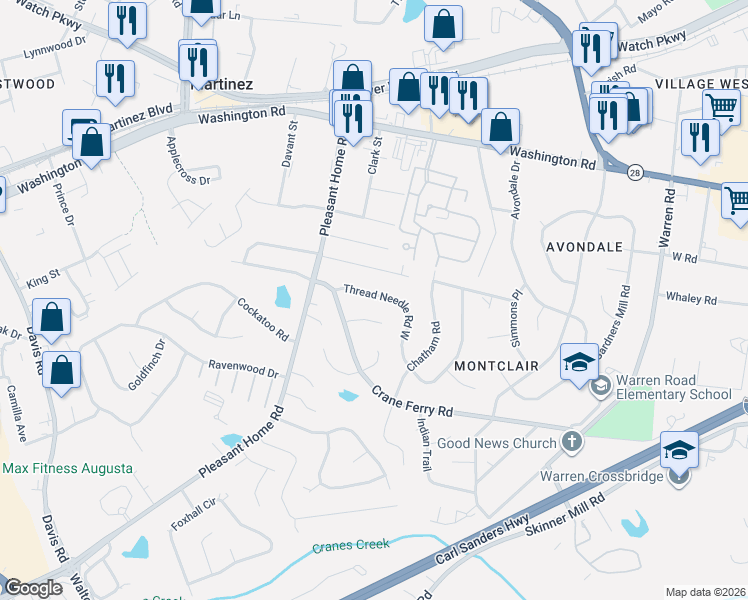 map of restaurants, bars, coffee shops, grocery stores, and more near 3329 Thread Needle Road West in Augusta