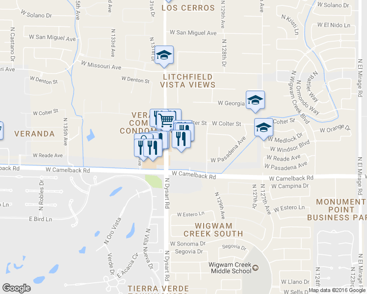 map of restaurants, bars, coffee shops, grocery stores, and more near 5091 North Dysart Road in Litchfield Park