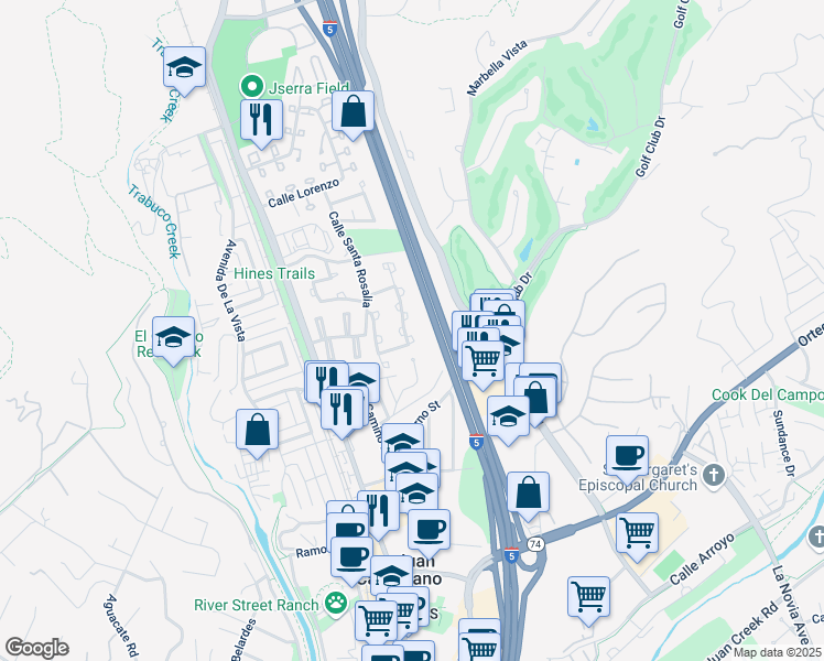 map of restaurants, bars, coffee shops, grocery stores, and more near 31192 Via San Vicente in San Juan Capistrano