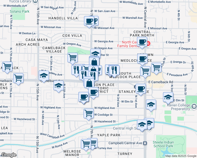 map of restaurants, bars, coffee shops, grocery stores, and more near 5025 North 7th Avenue in Phoenix