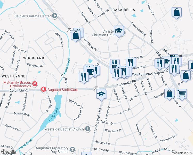 map of restaurants, bars, coffee shops, grocery stores, and more near Kroger Road in Augusta