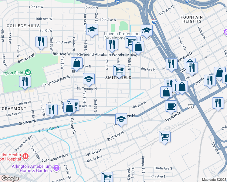 map of restaurants, bars, coffee shops, grocery stores, and more near 319 4th Terrace North in Birmingham