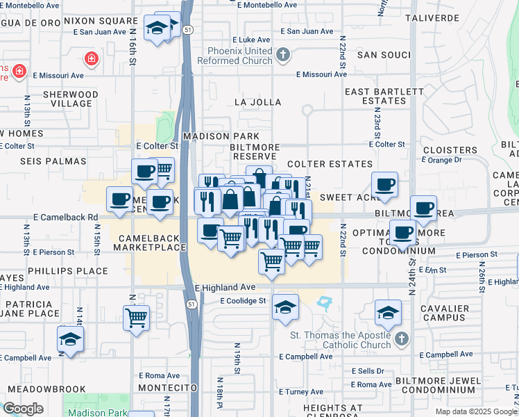 map of restaurants, bars, coffee shops, grocery stores, and more near 1940 East Camelback Road in Phoenix