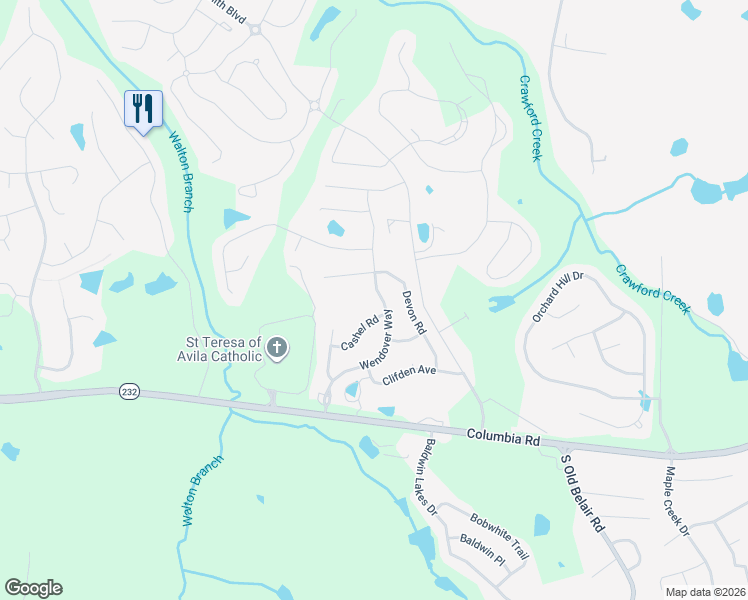 map of restaurants, bars, coffee shops, grocery stores, and more near 552 Wendover Way in Grovetown