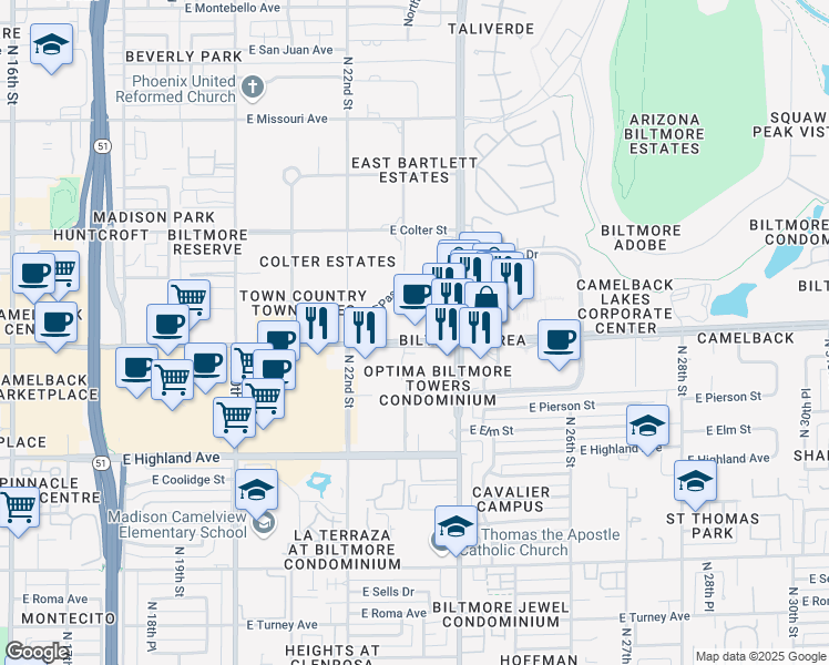 map of restaurants, bars, coffee shops, grocery stores, and more near 2390 East Camelback Road in Phoenix