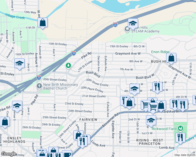 map of restaurants, bars, coffee shops, grocery stores, and more near 2735 Bush Boulevard in Birmingham
