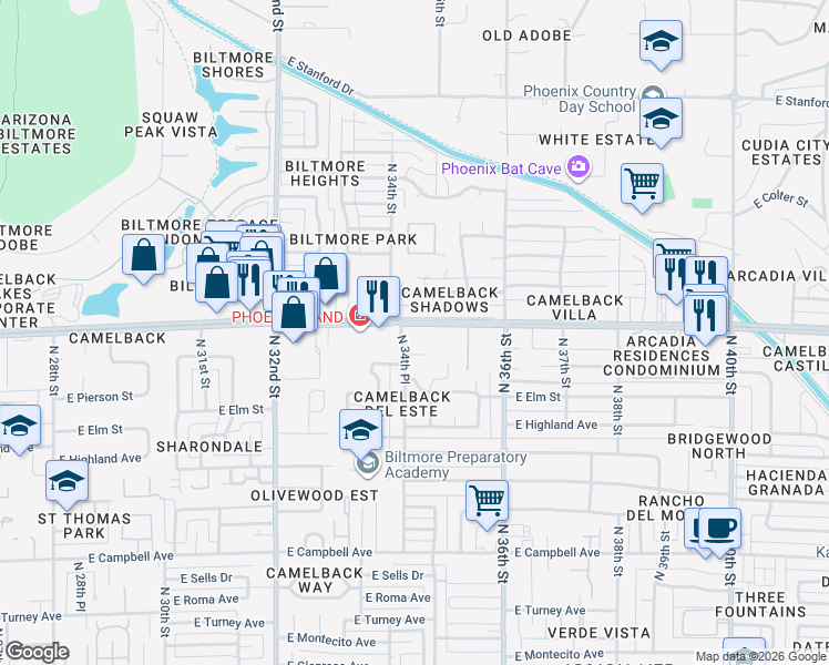 map of restaurants, bars, coffee shops, grocery stores, and more near in Phoenix