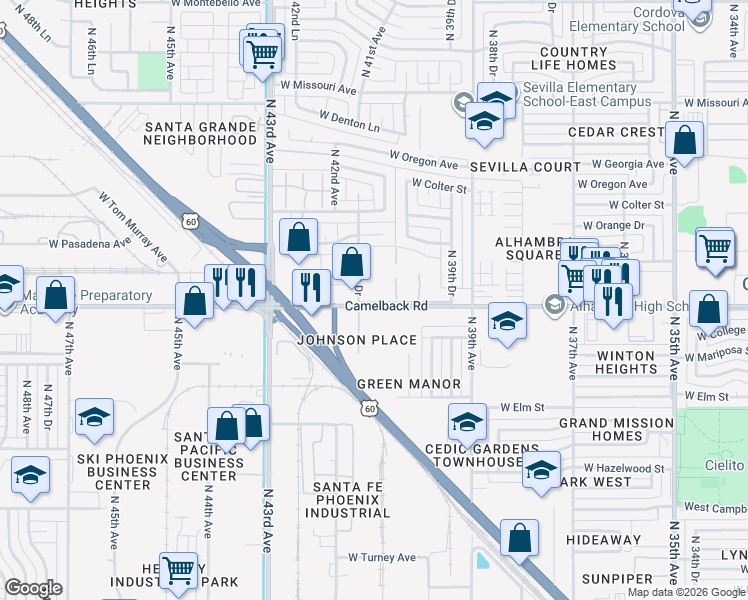 map of restaurants, bars, coffee shops, grocery stores, and more near in Phoenix