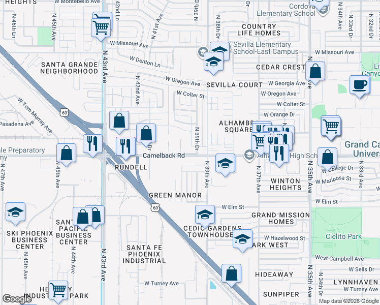 map of restaurants, bars, coffee shops, grocery stores, and more near 3940 West Palomino Road in Phoenix