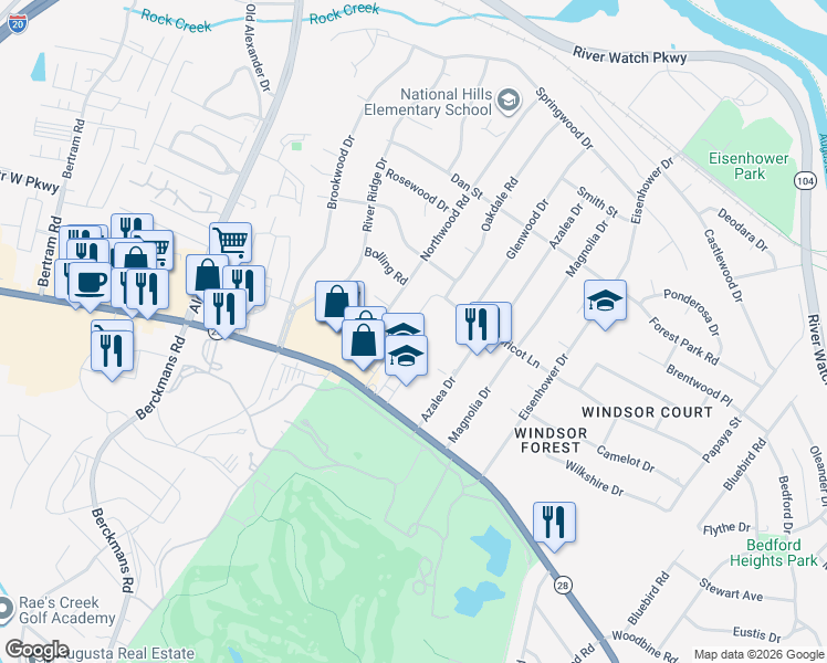 map of restaurants, bars, coffee shops, grocery stores, and more near 1021 Oakdale Road in Augusta