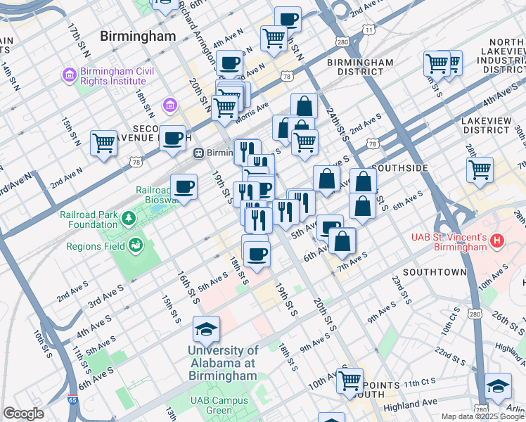 map of restaurants, bars, coffee shops, grocery stores, and more near 2001 3rd Avenue South in Birmingham