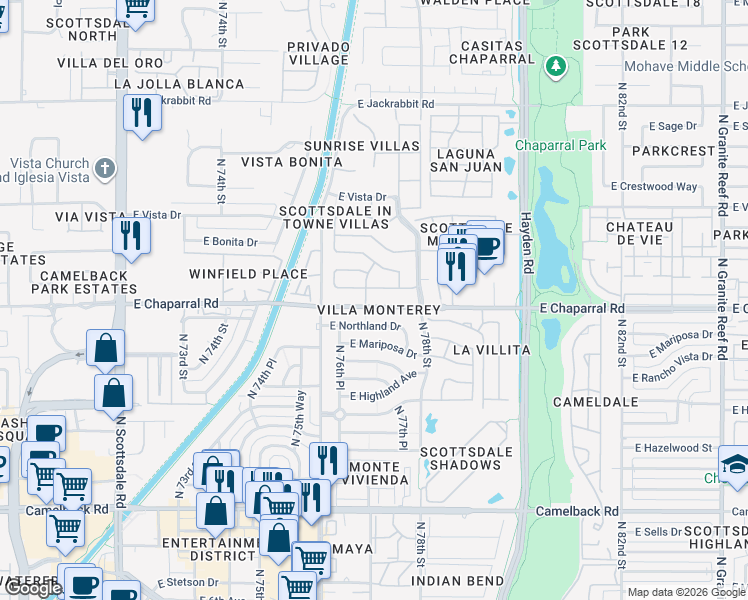 map of restaurants, bars, coffee shops, grocery stores, and more near 7709 East Pasadena Avenue in Scottsdale