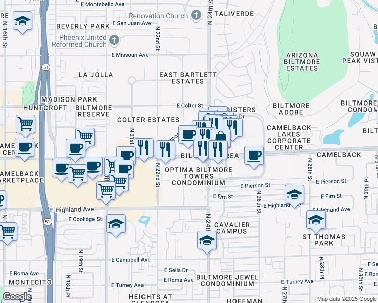 map of restaurants, bars, coffee shops, grocery stores, and more near 2390 East Camelback Road in Phoenix