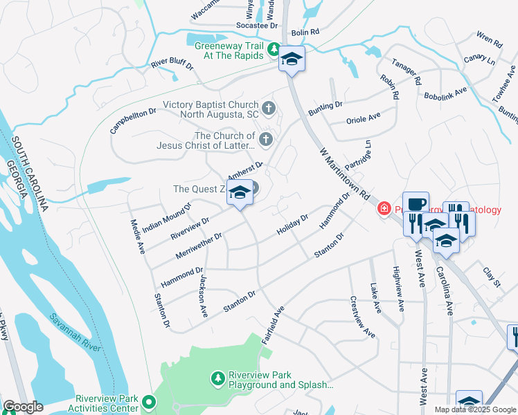 map of restaurants, bars, coffee shops, grocery stores, and more near 4 Cardinal Lane in North Augusta