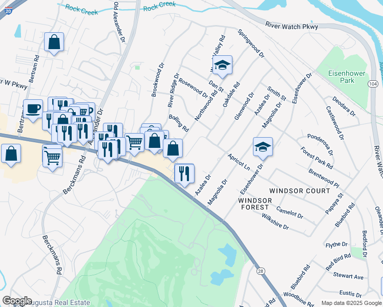 map of restaurants, bars, coffee shops, grocery stores, and more near 1022 Oakdale Road in Augusta