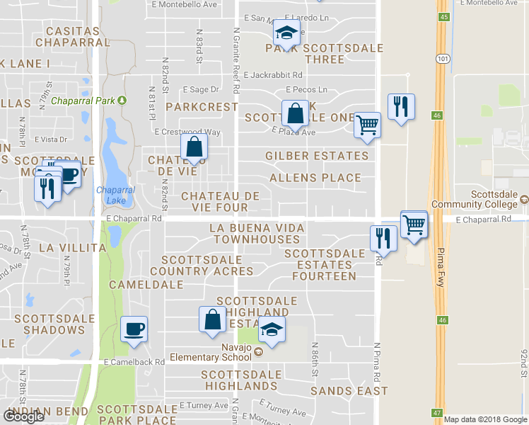 map of restaurants, bars, coffee shops, grocery stores, and more near 8458 East Chaparral Road in Scottsdale