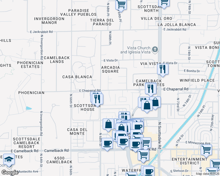 map of restaurants, bars, coffee shops, grocery stores, and more near 5015 North Chiquita Lane in Paradise Valley