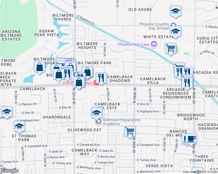 map of restaurants, bars, coffee shops, grocery stores, and more near in Phoenix