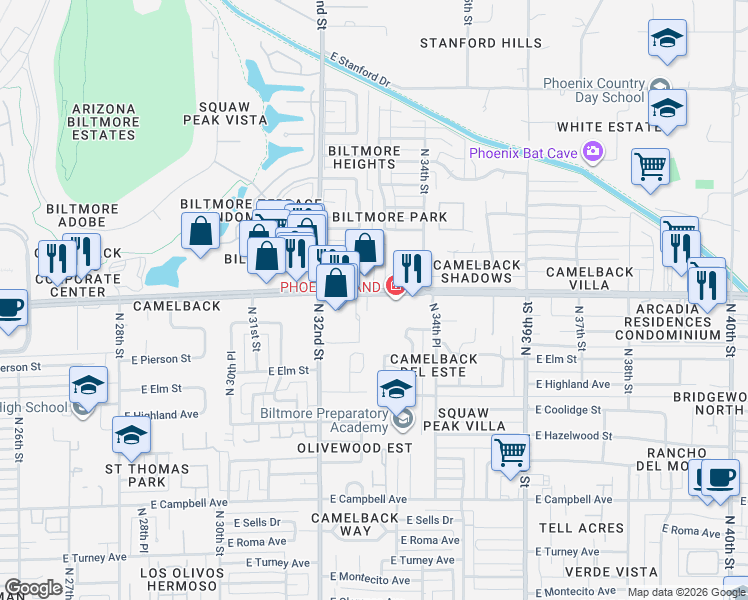 map of restaurants, bars, coffee shops, grocery stores, and more near 3234 East Camelback Road in Phoenix