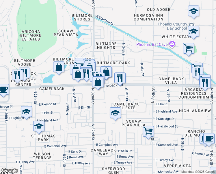 map of restaurants, bars, coffee shops, grocery stores, and more near 3234 East Camelback Road in Phoenix