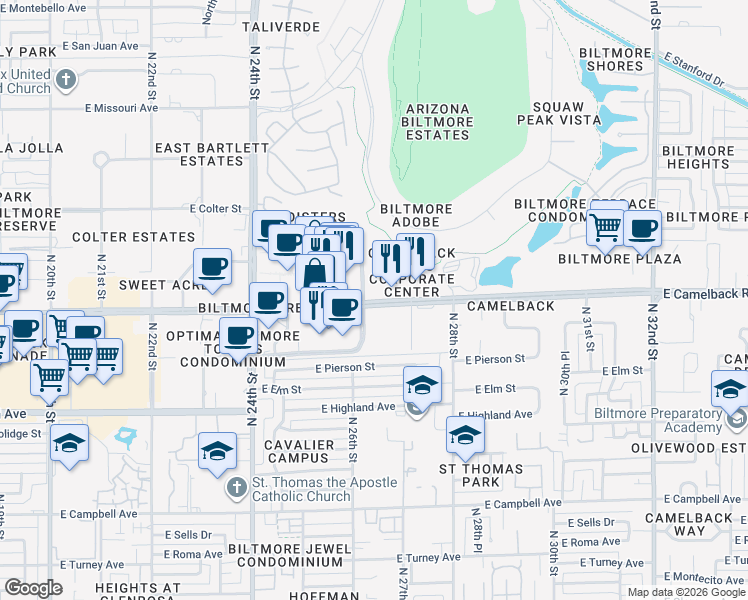 map of restaurants, bars, coffee shops, grocery stores, and more near 2650 East Camelback Road in Phoenix