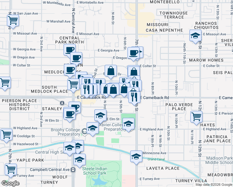 map of restaurants, bars, coffee shops, grocery stores, and more near in Phoenix