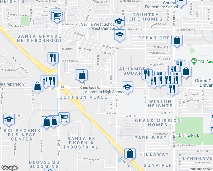 map of restaurants, bars, coffee shops, grocery stores, and more near 3940 West Palomino Road in Phoenix