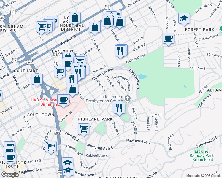 map of restaurants, bars, coffee shops, grocery stores, and more near 928 30th Alley in Birmingham