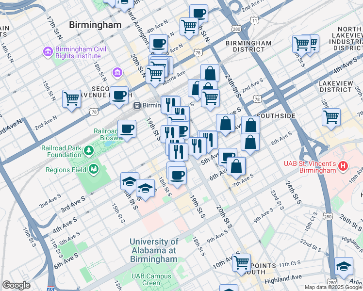 map of restaurants, bars, coffee shops, grocery stores, and more near 2001 3rd Avenue South in Birmingham