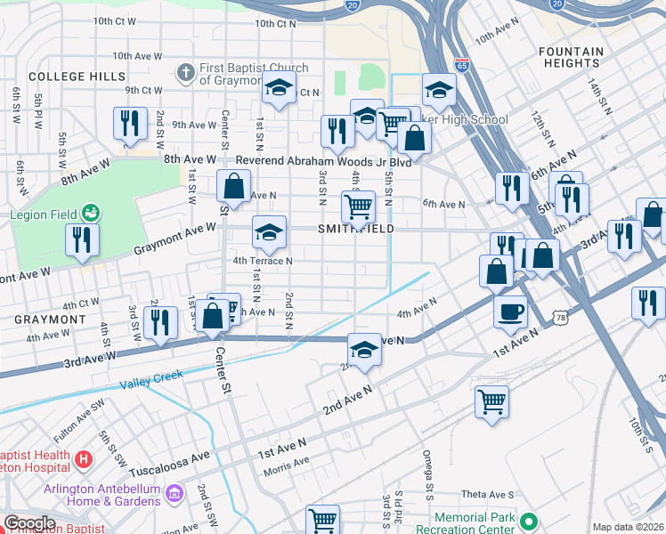 map of restaurants, bars, coffee shops, grocery stores, and more near 316 4th Terrace North in Birmingham