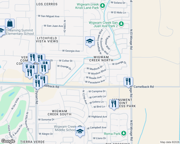 map of restaurants, bars, coffee shops, grocery stores, and more near 12637 West Medlock Drive in Litchfield Park
