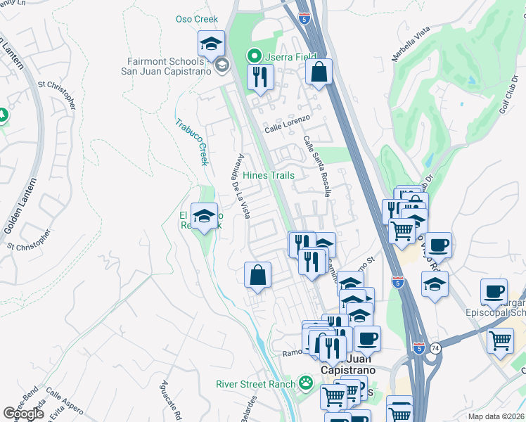 map of restaurants, bars, coffee shops, grocery stores, and more near 26465 Calle San Luis in San Juan Capistrano