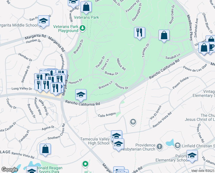 map of restaurants, bars, coffee shops, grocery stores, and more near 30925 Mashie Way in Temecula