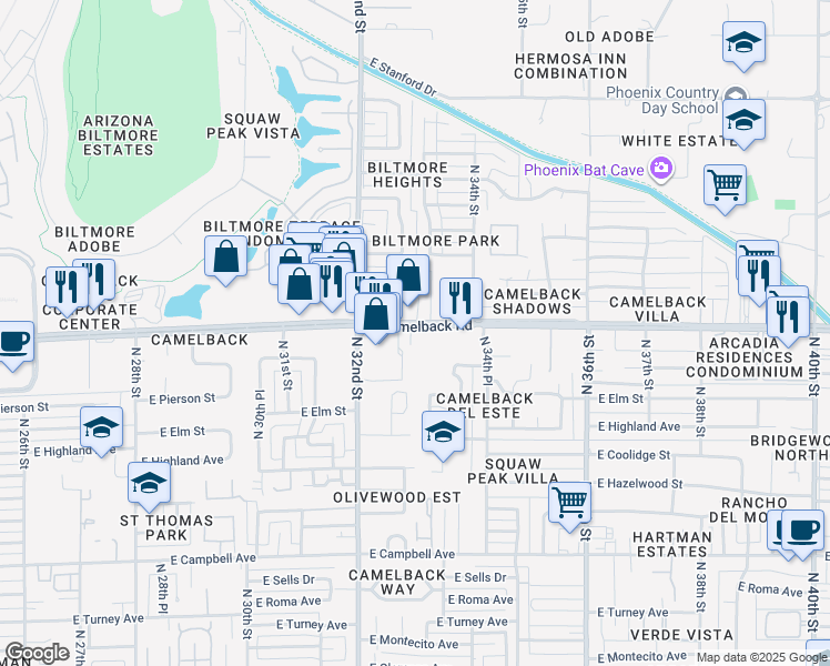 map of restaurants, bars, coffee shops, grocery stores, and more near 3234 East Camelback Road in Phoenix