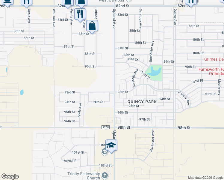 map of restaurants, bars, coffee shops, grocery stores, and more near 7302 93rd Street in Lubbock