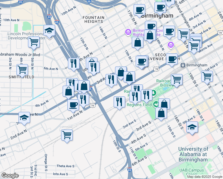 map of restaurants, bars, coffee shops, grocery stores, and more near 1201 2nd Avenue North in Birmingham