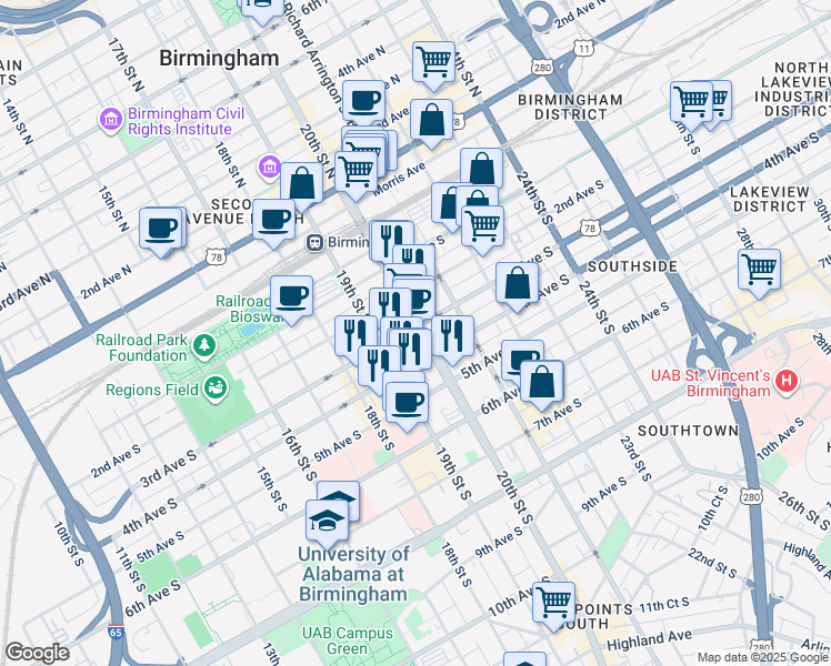 map of restaurants, bars, coffee shops, grocery stores, and more near 230 20th Street South in Birmingham