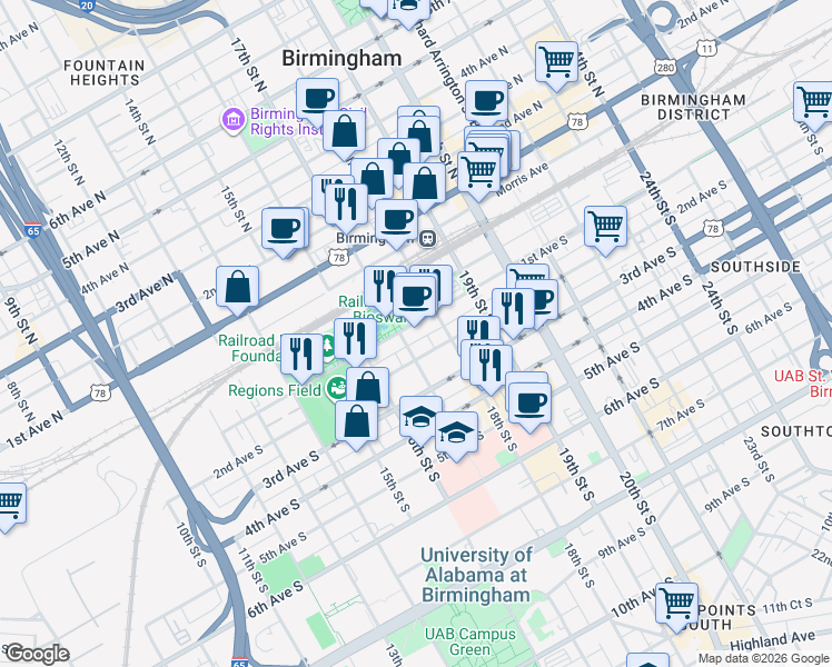 map of restaurants, bars, coffee shops, grocery stores, and more near 17 Railroad Park Path 1 in Birmingham