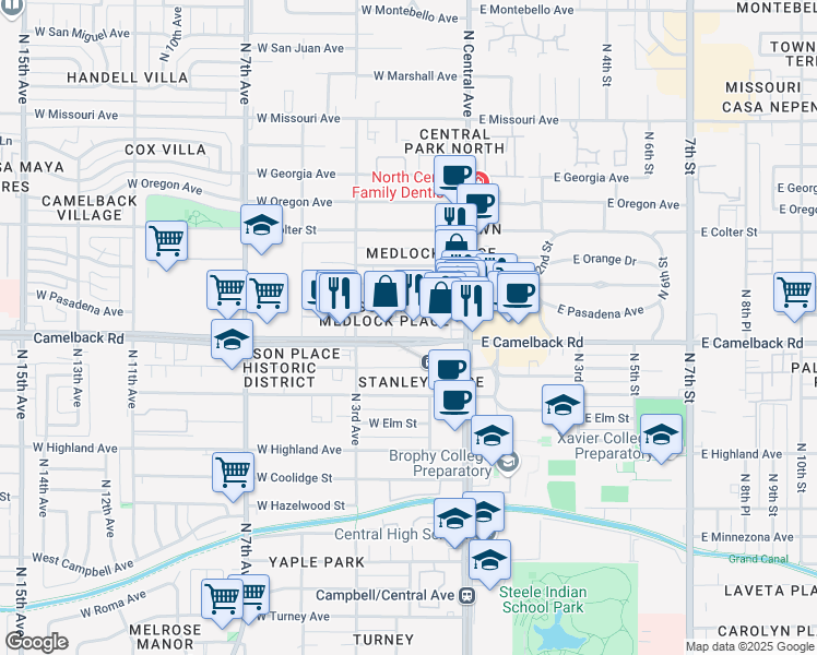 map of restaurants, bars, coffee shops, grocery stores, and more near 100 West Camelback Road in Phoenix