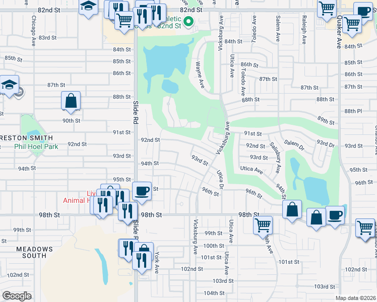 map of restaurants, bars, coffee shops, grocery stores, and more near Wayne Avenue in Lubbock