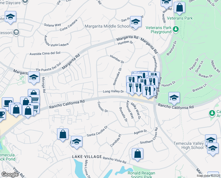 map of restaurants, bars, coffee shops, grocery stores, and more near 42196 Roanoake Street in Temecula