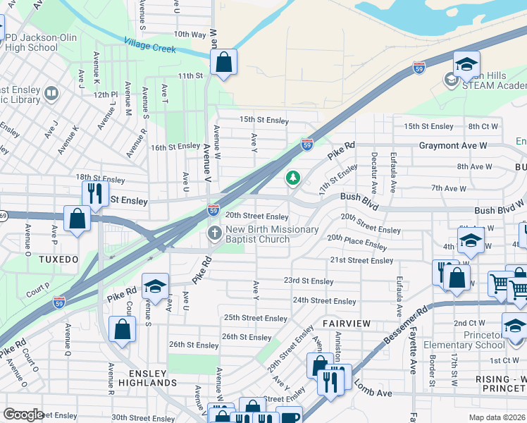 map of restaurants, bars, coffee shops, grocery stores, and more near 2508 20th Street Ensley in Birmingham