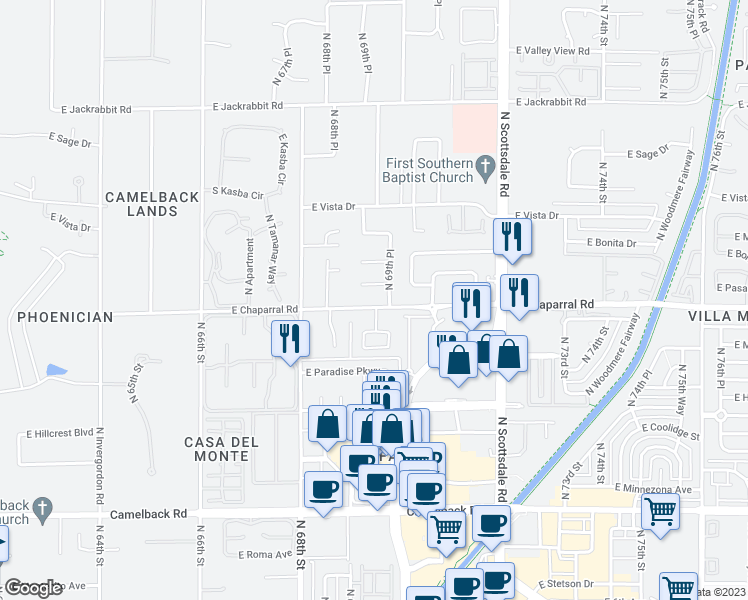map of restaurants, bars, coffee shops, grocery stores, and more near 6923 East Pasadena Avenue in Paradise Valley