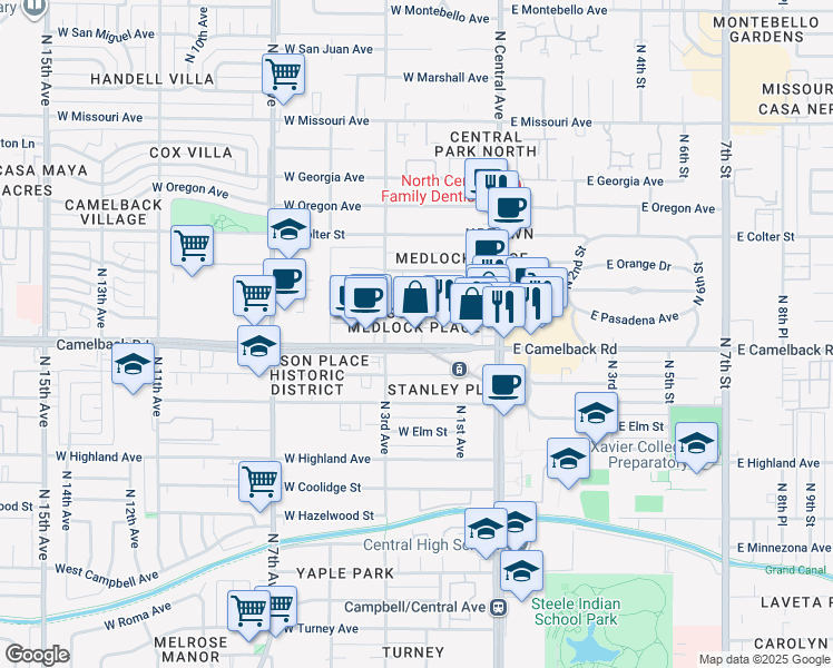 map of restaurants, bars, coffee shops, grocery stores, and more near 114 West Camelback Road in Phoenix