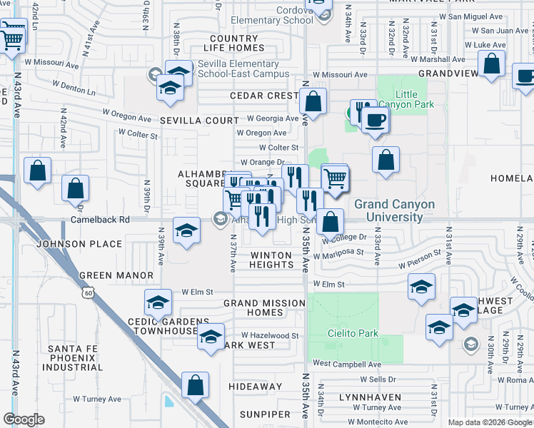 map of restaurants, bars, coffee shops, grocery stores, and more near 3602 West Camelback Road in Phoenix
