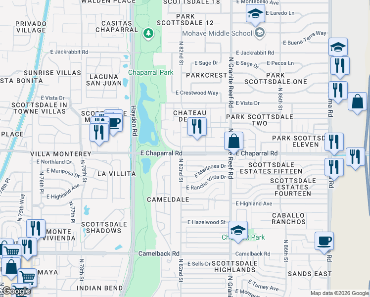 map of restaurants, bars, coffee shops, grocery stores, and more near in Scottsdale