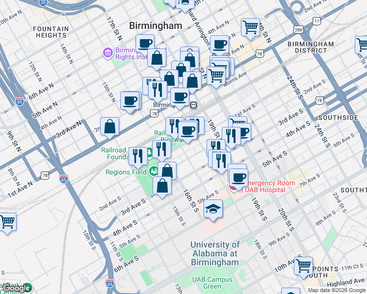map of restaurants, bars, coffee shops, grocery stores, and more near 101 17th Street South in Birmingham