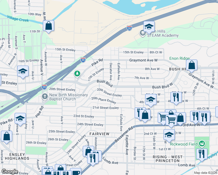 map of restaurants, bars, coffee shops, grocery stores, and more near 2735 Bush Boulevard in Birmingham